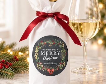 Personalized Christmas Wine Bottle Stickers, Botanical Wreath Family Gift Labels