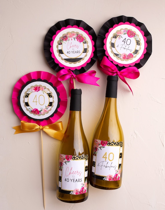 40 And Fabulous, 40th Birthday Centerpiece, 40th Table Decorations, Wine Centerpiece, Feminine Birthday, Hot Pink Floral, Cheers to 40 Years Il_570xn