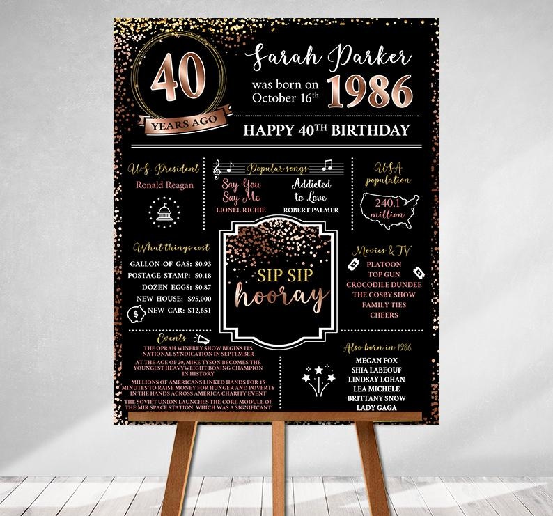 Póster impreso de 40 cumpleaños, en 1986, qué sucedió en 1986, decoraciones para 40 cumpleaños, oro rosa, decoración para fiesta de 40 años, vintage 1986 imagen 1