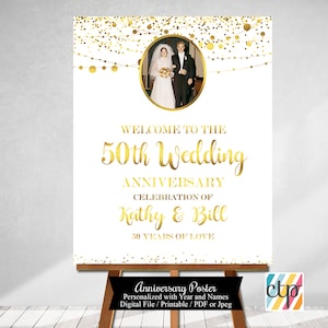 May include: Gold glitter and string lights on a white background with a photo of a couple in the center. The text "Welcome to the 50th Wedding Anniversary Celebration of Kathy & Bill 50 Years of Love" is written in gold lettering.