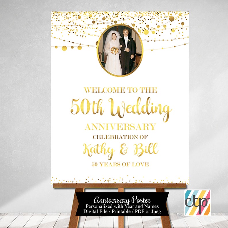 May include: Gold glitter and string lights on a white background with a photo of a couple in the center. The text "Welcome to the 50th Wedding Anniversary Celebration of Kathy & Bill 50 Years of Love" is written in gold lettering.