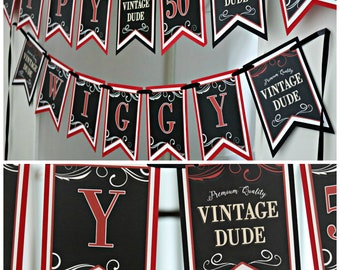 VINTAGE DUDE Adult Birthday Banner Happy Birthday Cheers to 50 Years Aged To Perfection 50th Birthday Party Decorations Black and Red