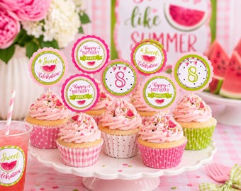 Personalized Cupcake Toppers, Watermelon Birthday Decor, Any Age, Summer Party Picks