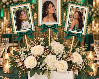 Personalized Quinceañera Photo Centerpiece, Emerald Green Gold Mis Quince Table Decor