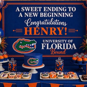 May include: A graduation party table decorated in blue and orange, featuring a cake, cupcakes, cookies, and candies. The backdrop reads "A Sweet Ending to a New Beginning, Congratulations Henry!" and "University of Florida Bound."