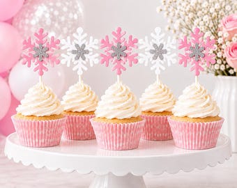 Pink Snowflake Cupcake Toppers, Winter ONEderland First Birthday Party Decorations