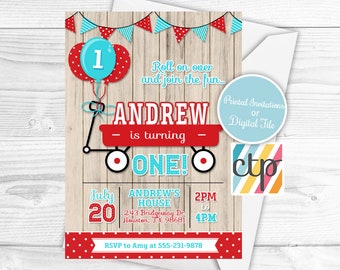 Little Red Wagon Invitation, Red Wagon Invite, Digital File or Printed Invitations, Boy First Birthday