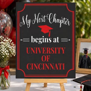 May include: A graduation sign on a wooden easel. The black sign has red trim and text that reads "My Next Chapter begins at UNIVERSITY OF CINCINNATI" with a red graduation cap graphic. Balloons and flowers are in the background.