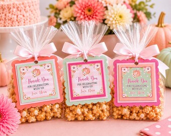 Little Pumpkin Favor Tags, Personalized Pink First Birthday Treat Bag Labels