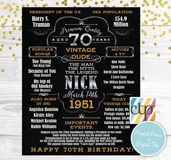 PRINTED 70th birthday poster, Back in 1951, What Happened in 1951, 70th Birthday Decorations, Vintage Dude, Country Music, Vintage 1951 Il_570xn