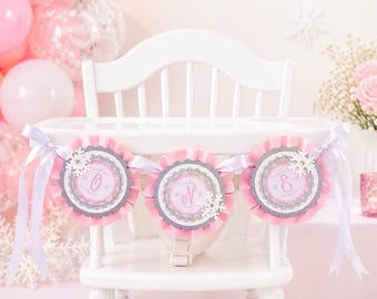 Winter ONEderland High Chair Banner, Pink Snowflake First Birthday Party Decor