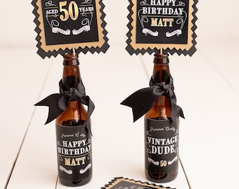 50th Birthday Centerpiece, Beer Labels, Milestone Birthday Decorations, Vintage Dude, Adult Birthday Party Decor, Aged To Perfection