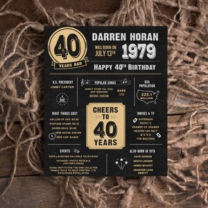 May include: A black and gold printable 40th birthday poster featuring the name Darren Horan and the year 1979. The poster includes details about the year 1979, such as the U.S. president, popular songs, and events.