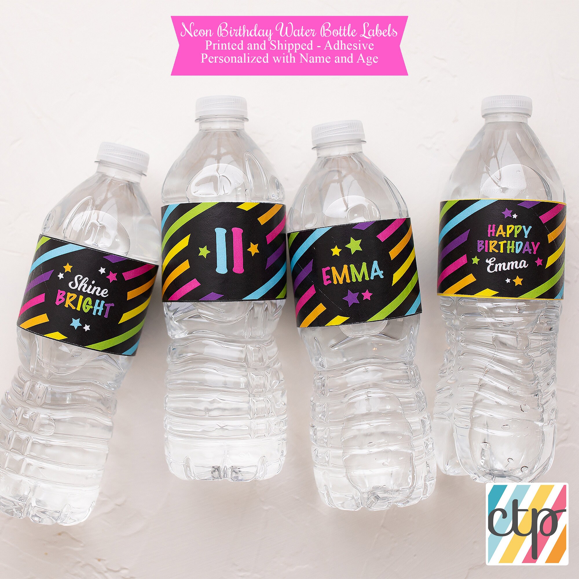 Custom Water Bottle Labels Birthday Decorations Glow in the Dark Party Girl