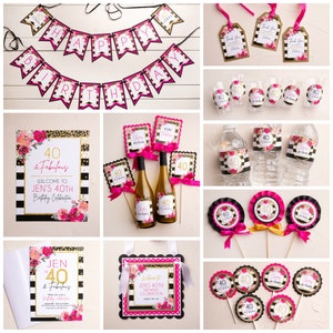May include: A collection of party decorations for a 40th birthday celebration. Includes a banner, gift tags, bottle labels, water bottle labels, cupcake toppers, and a welcome sign. The designs feature black and white stripes, gold accents, and floral arrangements.