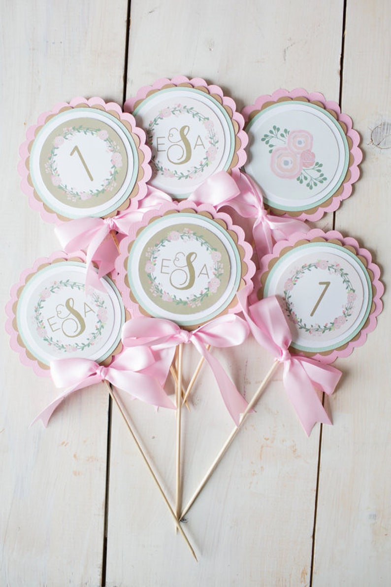 FIRST BIRTHDAY DECORATIONS, First Birthday Cake Topper, Smash Cake, Shabby Chic Decorations, Floral Wreath Decorations, Girl 1st Birthday image 5