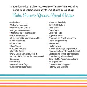 May include: A list of items for baby showers and gender reveal parties. The list includes invitations, welcome signs, banners, decorations, cake toppers, cupcake toppers, party signs, wish cards, straws, flags, and embellished paper cups. It also includes water bottle labels, wine bottle labels, food tents, favor tags, cake pop tags, appetizer picks, coordinating thank you notes, fabric fringe bunting, menu cards, napkin wraps, printed backdrops, coordinating return address labels, coordinating address labels, candy buffet picks, labels, and signs, wine glass tags, chocolate bar wrappers, and Hershey Kiss stickers.