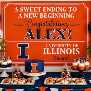 May include: A graduation party display featuring a large orange sign with the text A SWEET ENDING TO A NEW BEGINNING Congratulations ALEX! UNIVERSITY OF ILLINOIS Bound, a navy blue cake with an orange I logo, cupcakes, cookies, and balloons.