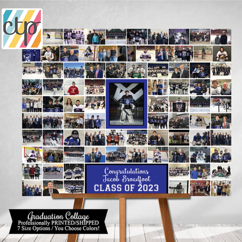 K&ouml;nnte beinhalten: Eine Abschlusscollage mit einem Hockeyspieler in einem blau-wei&szlig;en Trikot. Die Collage besteht aus vielen Fotos des Spielers bei verschiedenen Hockey-Spielen und -Events. Der Text "Congratulations Jacob Broadfoot CLASS OF 2023" ist auf der Collage gedruckt.