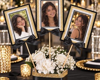 Bat Mitzvah Photo Centerpiece, Personalized Black Gold Table Decorations