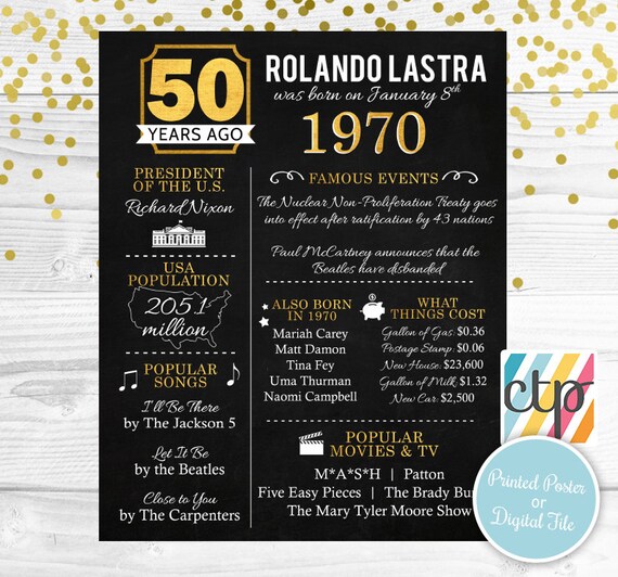 PRINTED 50th birthday poster, Back in 1970, What Happened in 1970, 50th Birthday Decorations, Black and Gold, 50th Party Decor, Vintage 1970 Il_570xn