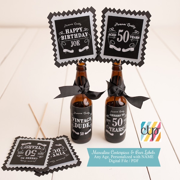 Masculine Birthday Party, Beer Labels, Centerpiece Sticks, Digital File, PDF, Digital Download