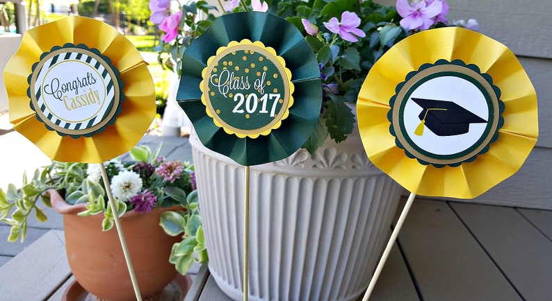 GRADUATION PARTY DECORATIONS, Graduation Centerpiece. Custom Graduation Decor. Grad Centerpiece. Grad Decor, Green and Yellow image 1