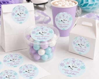 Personalized Ice Skating Birthday Stickers, Winter Party Favor Labels, Snowflake Decor