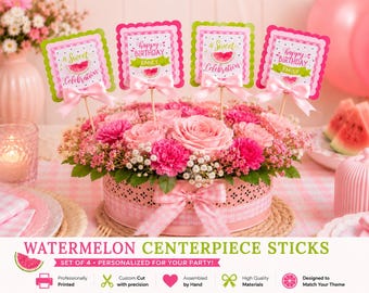 Watermelon Birthday Centerpiece Sticks, Personalized Party Table Decorations, Pink Green Summer Party Decor