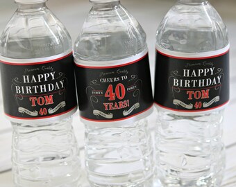 MASCULINE BIRTHDAY PARTY Water Bottle Labels Water Wraps Adhesive Labels Milestone Birthday Decorations Adult Birthday Decor Black and Red