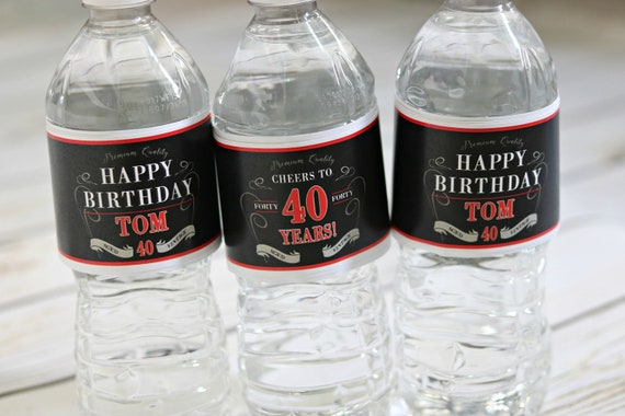 MASCULINE BIRTHDAY PARTY Water Bottle Labels Water Wraps Adhesive Labels Milestone Birthday Decorations Adult Birthday Decor Black and Red Il_570xn