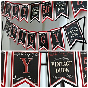May include: Black and red banner with the words "Happy 50th Wiggy" and "Premium Quality Vintage Dude" repeated throughout.