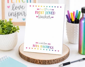 Personalized Teacher Notepad, Custom Classroom Stationery, End of Year Appreciation Gift, Rainbow Desk Pad