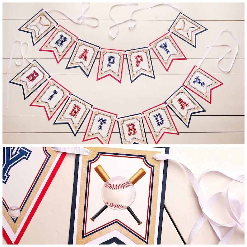 May include: A baseball-themed birthday banner with red, white, and blue bunting. The banner reads "Happy Birthday".
