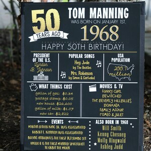 May include: A black and gold chalkboard sign celebrating a 50th birthday. The sign includes the name "Tom Manning", the year "1968", and the text "Happy 50th Birthday!"  The sign also includes information about events, popular songs, and prices of goods from the year 1968.