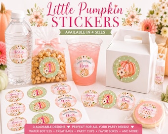 Little Pumpkin Stickers, Personalized Pink First Birthday Party Labels