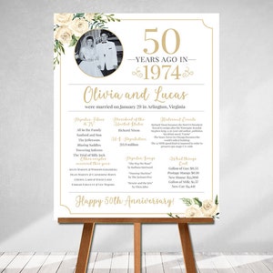 GOLDEN ANNIVERSARY Printed Poster "Were Married in Year" Marriage Board Back in 1974 What Happened in 1974 50th Anniversary