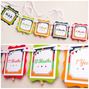 May include: A colorful baby milestone banner with a red, green, orange, and blue color scheme. The banner features the name "MAX" and the months of the year from newborn to 12 months.