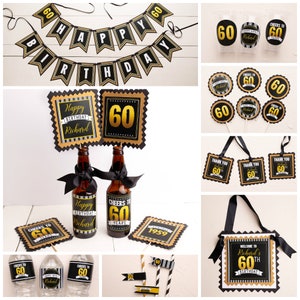 May include: A selection of black and gold party decorations for a 60th birthday. The set includes a banner, bottle labels, cupcake toppers, gift tags, and a tote bag. The decorations feature the number 60 and the phrases "Happy Birthday" and "Cheers to 60 Years."