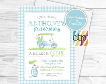 Golf Birthday Party Invitations, Printable File, PDF, A Hole In ONE, Golf 1st Birthday Party, Boy Golf Invite, Golf Par-Tee, Blue Gingham