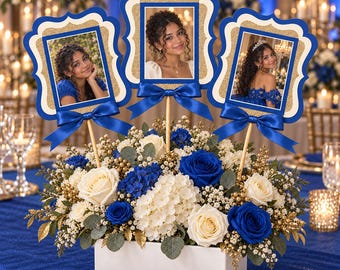 Personalized Quinceañera Photo Centerpiece, Royal Blue Gold Mis Quince Table Decor