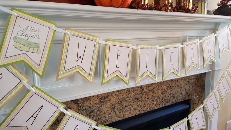BOOK BABY SHOWER Decorations, Welcome Baby Banner, A New Chapter, Baby's First Library, Gender Neutral, Tan, Green, Yellow Baby Shower image 5