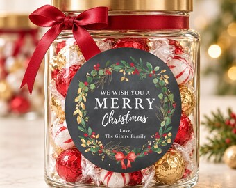 Personalized Christmas Candy Jar Stickers, Botanical Wreath Holiday Treat Labels