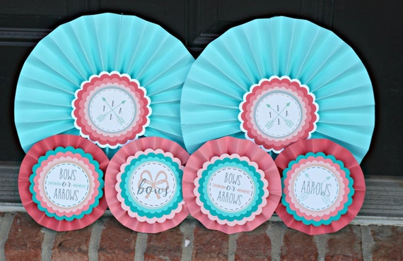 BOWS OR ARROWS Gender Reveal Decorative Rosettes, Paper Fans, Paper Medallions, Tribal Boho Chic Baby Shower, Aztec Decorations, Boy or Girl Il_570xn