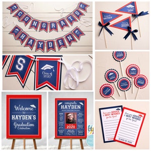 CLASS of 2024 Party Decorations, Party Pack, Graduation Banner, Grad Centerpiece, Cupcake Toppers, Welcome Sign, Navy Blue and Red
