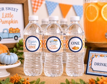 Etiquetas para botellas de agua con diseño de camión calabaza, envoltorios para bebidas de primer cumpleaños de calabaza pequeña, personalizadas