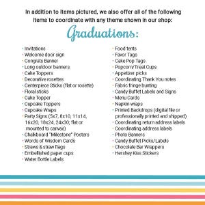 Op de afbeelding: Een lijst met benodigdheden en decoraties voor een afstudeerfeest, waaronder uitnodigingen, banners, cupcake-toppers, voedseltenten, bedankkaartjes en meer. De tekst "Graduations:" staat bovenaan de lijst.