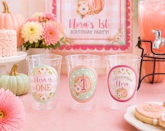 Little Pumpkin Plastic Cups, Personalized Pink First Birthday Stadium Cups