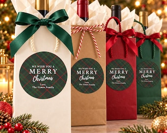 Personalized Christmas Wine Gift Stickers, Plaid Hostess Bag Labels, Family Holiday Seals