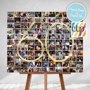 May include: A collage of photos in a grid pattern forming the number 60 with a gold outline. The collage is on a wooden easel against a white wall. The text "Printed Poster or Digital File" is in a blue circle at the top right of the image. The text "ctpo" is in a colorful striped square at the bottom right of the image.